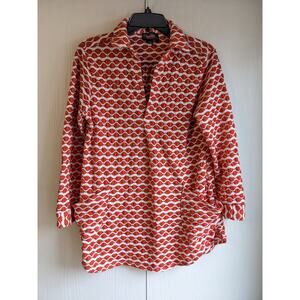 For Cynthia Women's Orange White Long Sleeve V-neck Tonic Collared Top Size L